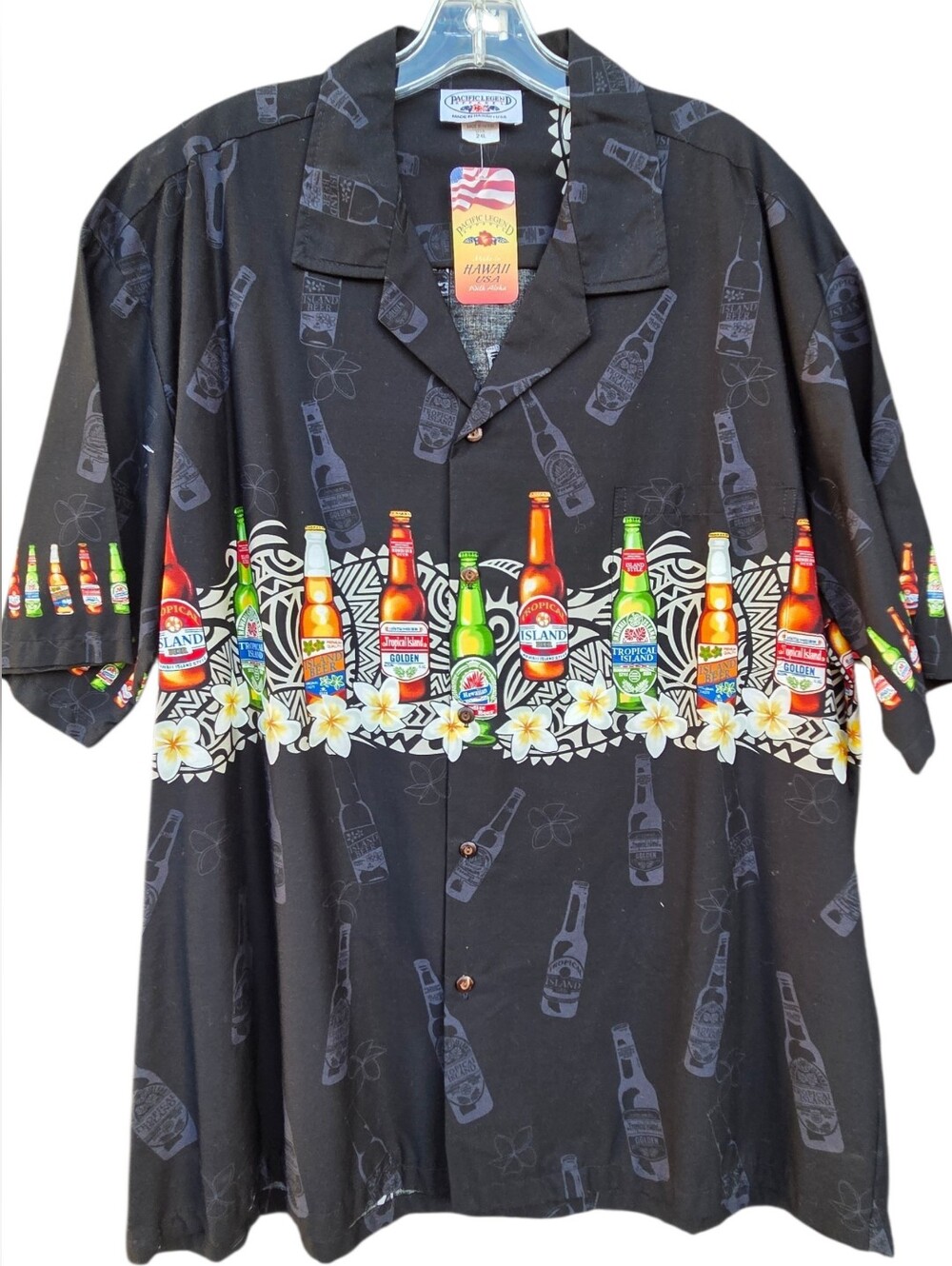 Island Style Black Hawaiian Bottle-Print Button Down Shirt
